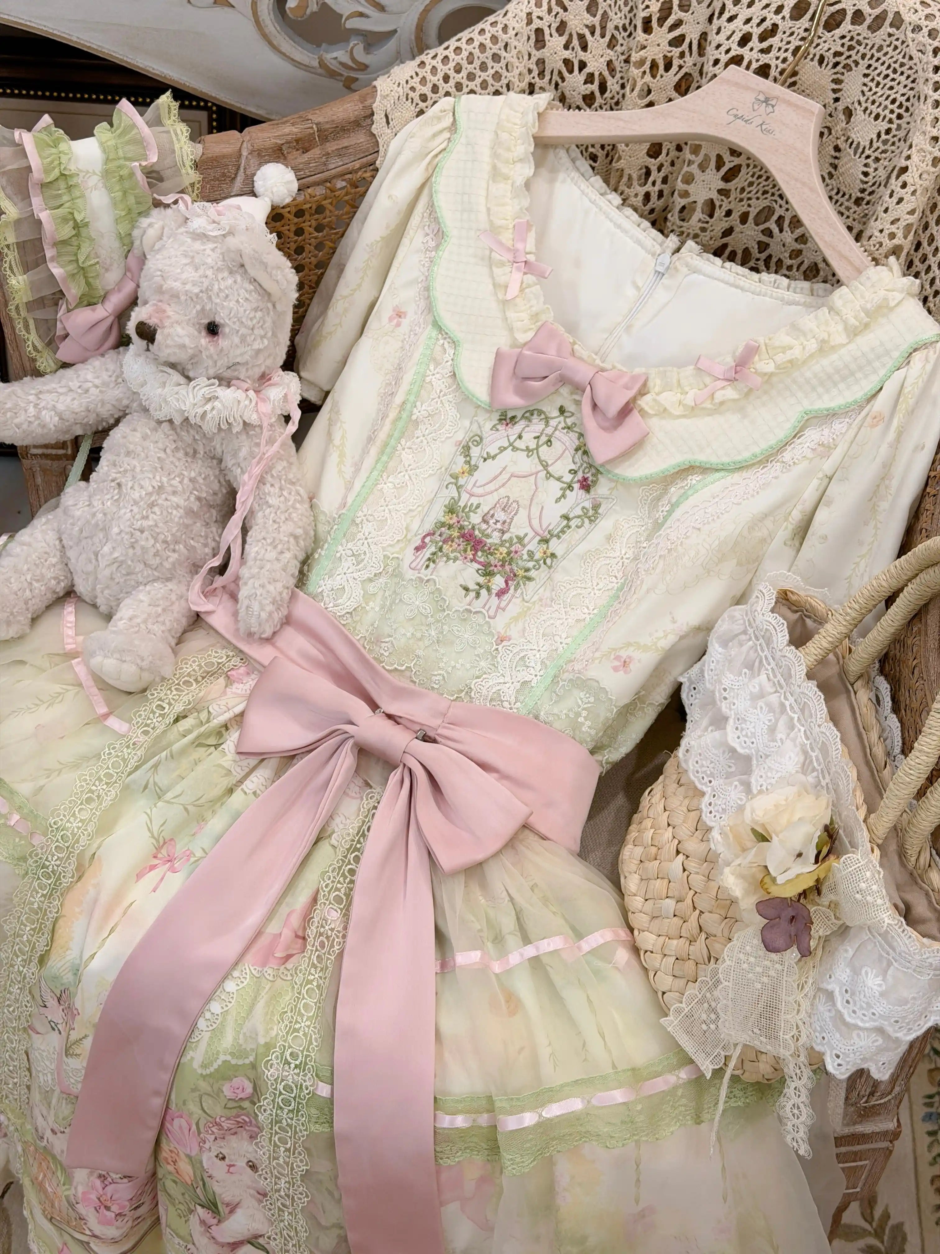 Bamboo Rabbit Pink Green Bunny Floral Print Bow Classic Lolita OP Dress