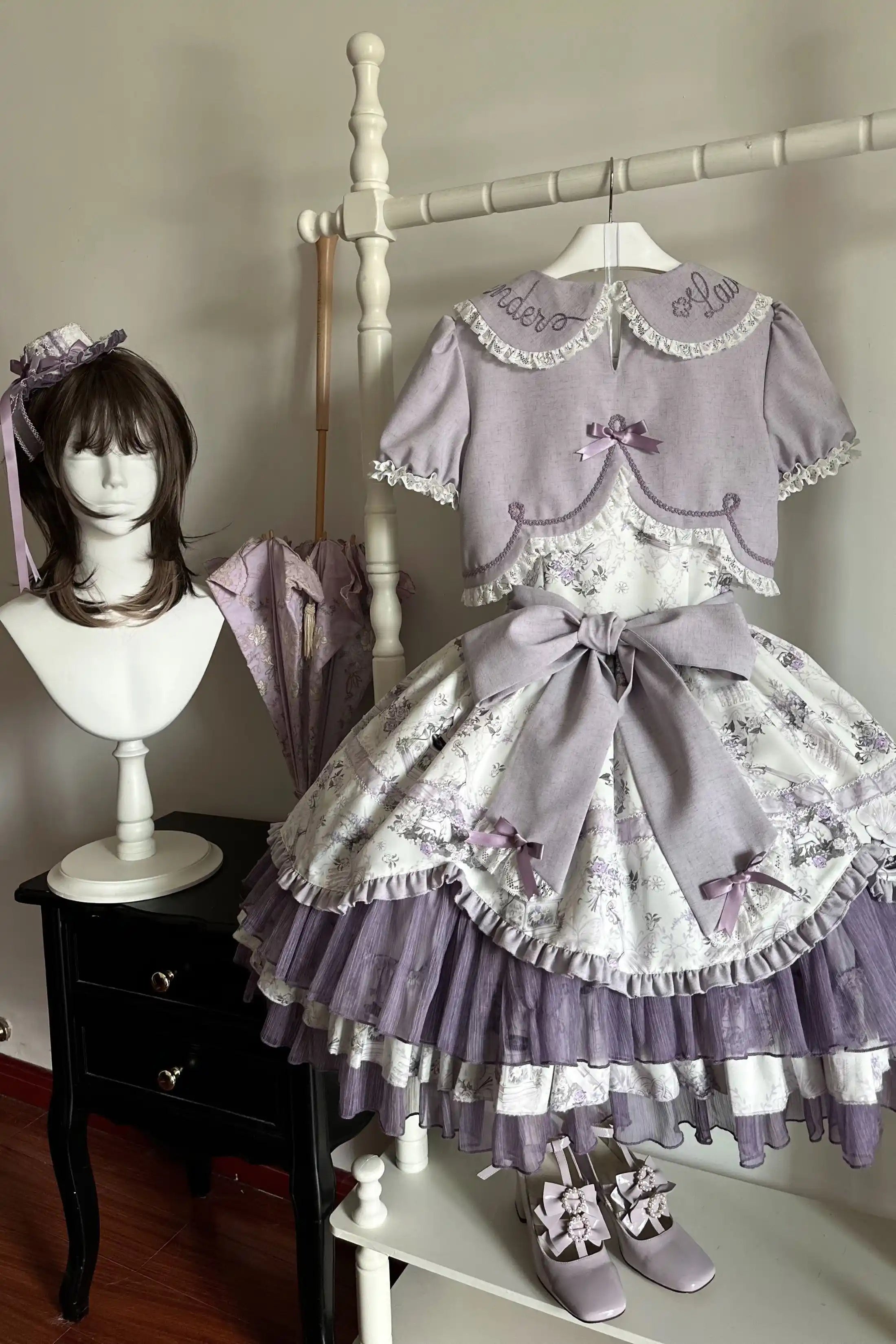 Music Flower Wall Purple Gramophone Print Bow Classic Lolita OP Dress