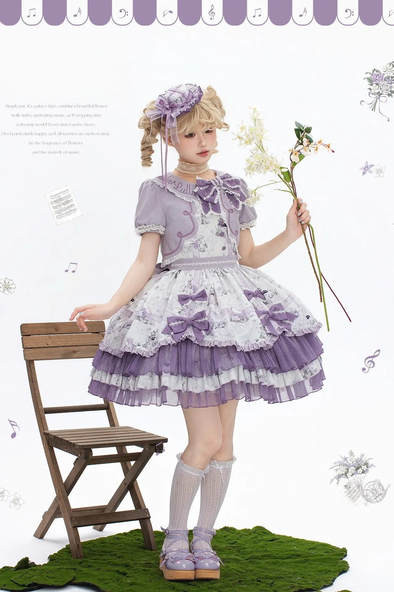 Music Flower Wall Purple Gramophone Print Bow Classic Lolita OP Dress
