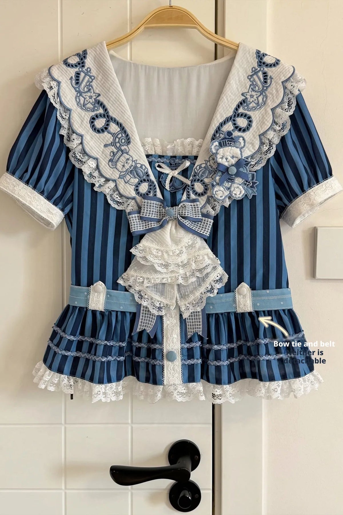 Antique Sailor Bear Blue Stripe Cropped Top Long Skirt Lolita Set