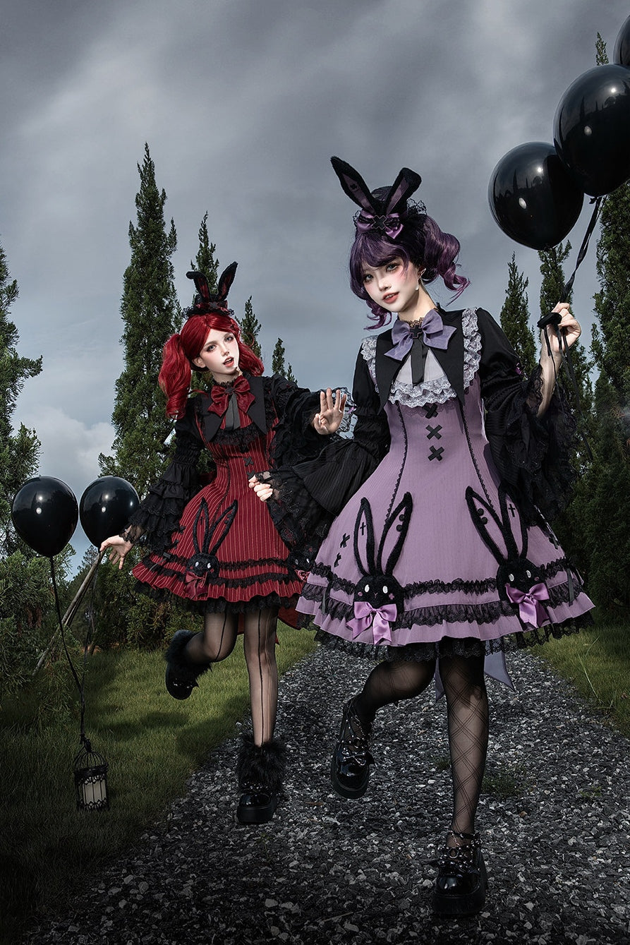 Dark Bunny Striped Gothic Lolita Dress with Rabbit Ear Hat and Tail - LolitaEra