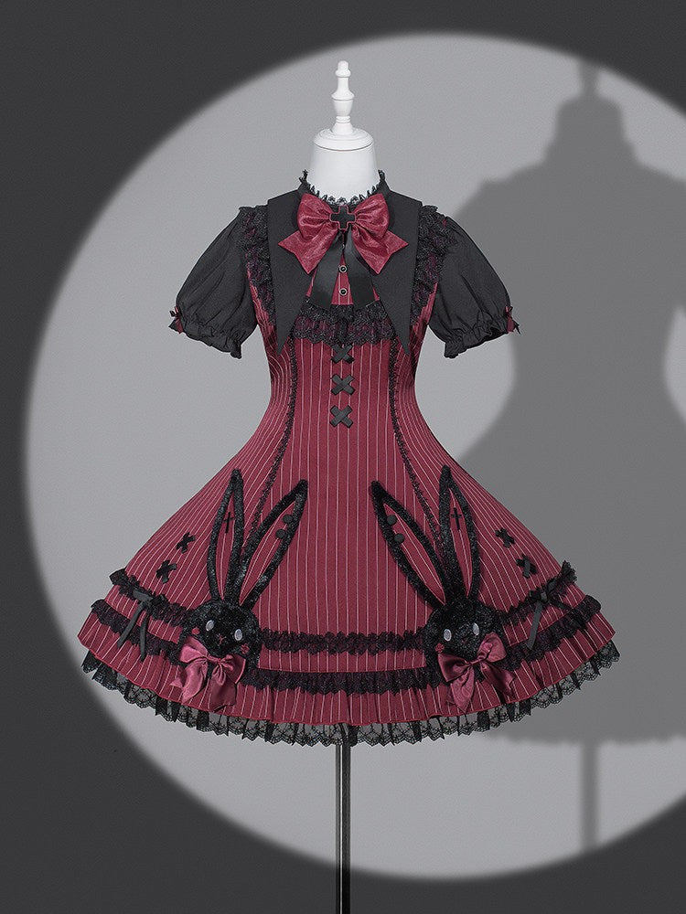 Dark Bunny Striped Gothic Lolita Dress with Rabbit Ear Hat and Tail - LolitaEra