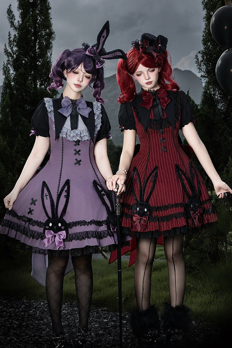 Dark Bunny Striped Gothic Lolita Dress with Rabbit Ear Hat and Tail - LolitaEra