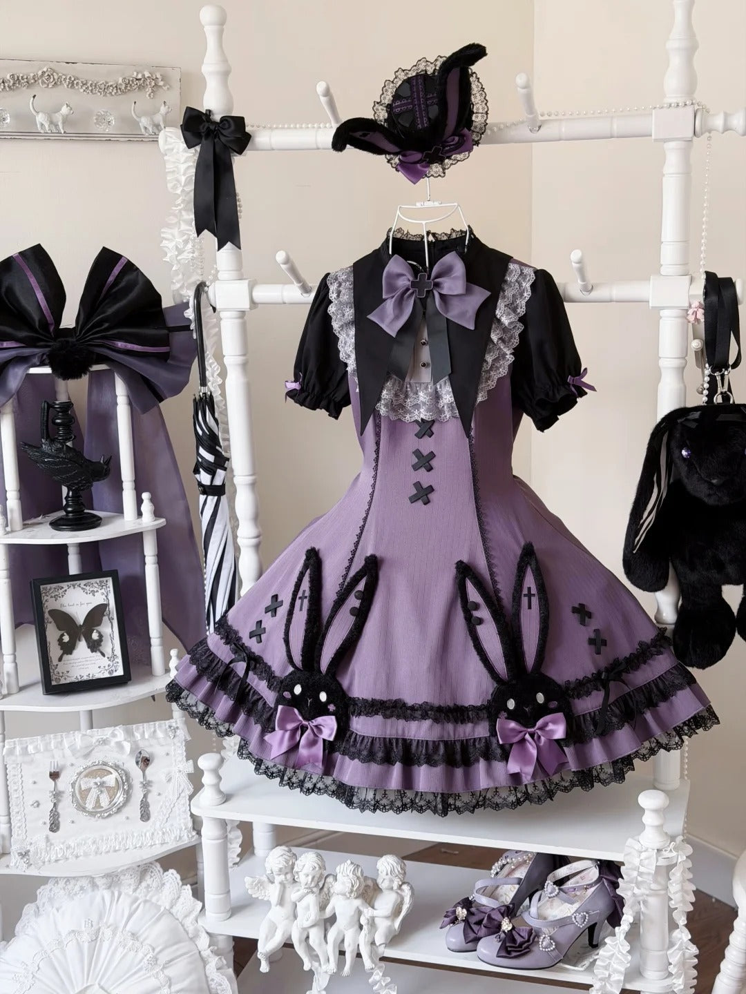 Dark Bunny Striped Gothic Lolita Dress with Rabbit Ear Hat and Tail - LolitaEra