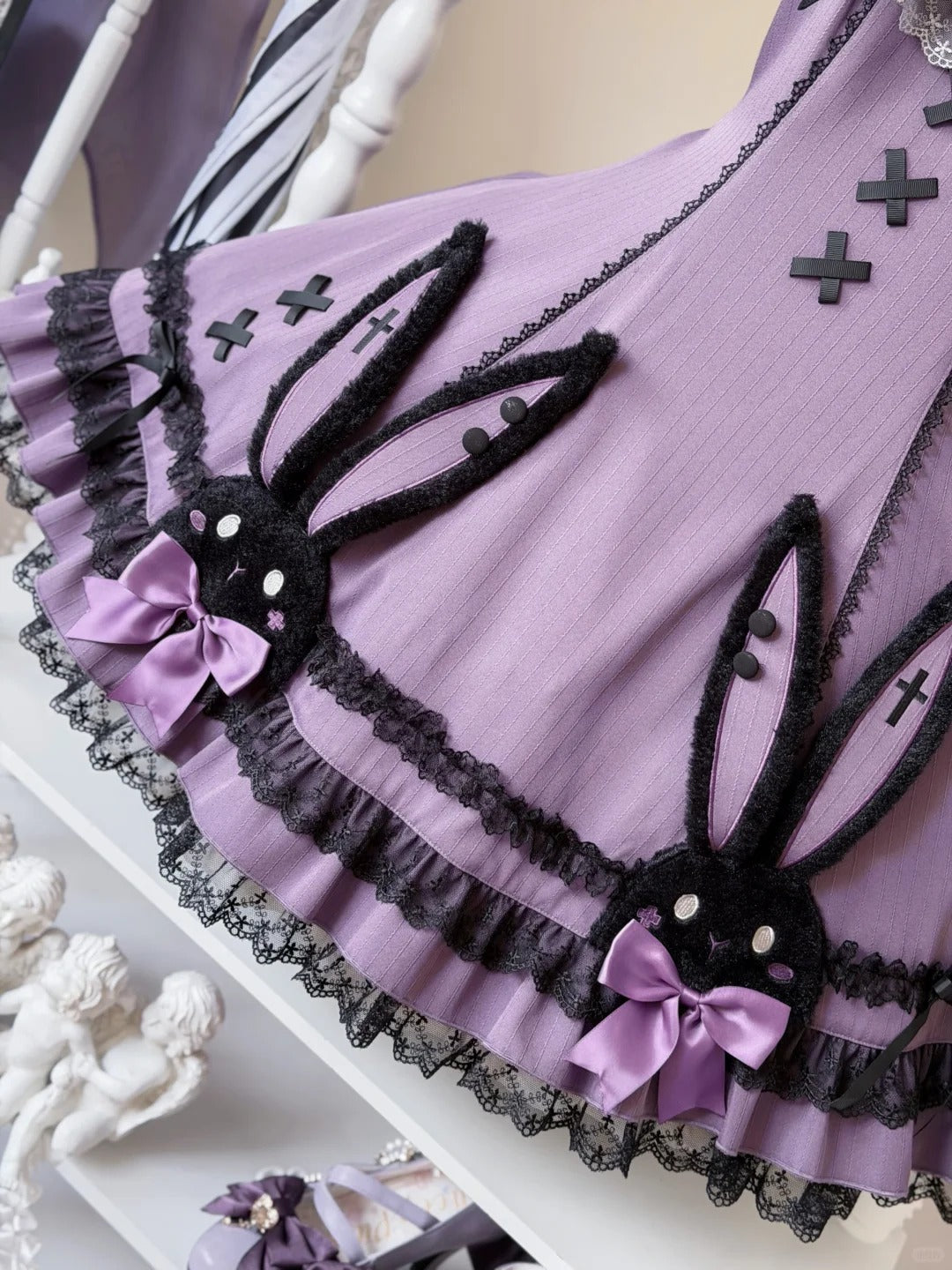 Dark Bunny Striped Gothic Lolita Dress with Rabbit Ear Hat and Tail - LolitaEra