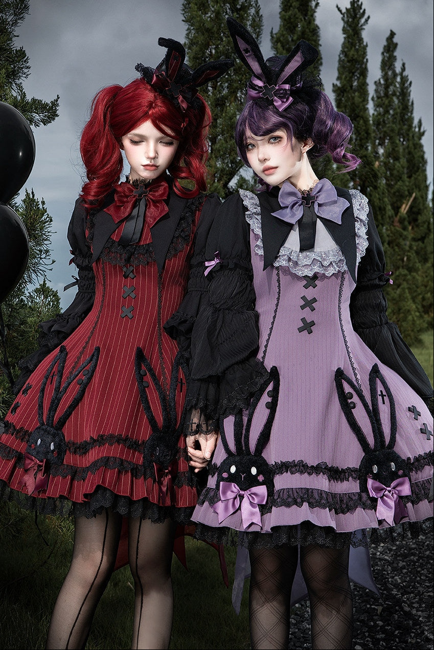 Dark Bunny Striped Gothic Lolita Dress with Rabbit Ear Hat and Tail - LolitaEra