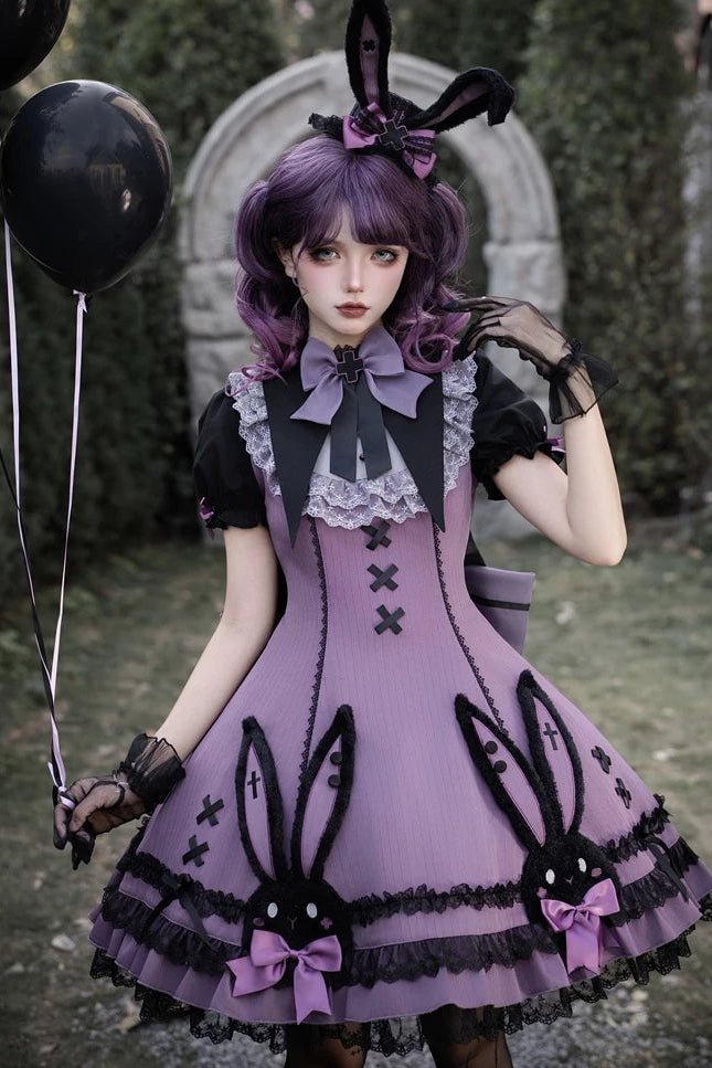 Dark Bunny Striped Gothic Lolita Dress with Rabbit Ear Hat and Tail - LolitaEra