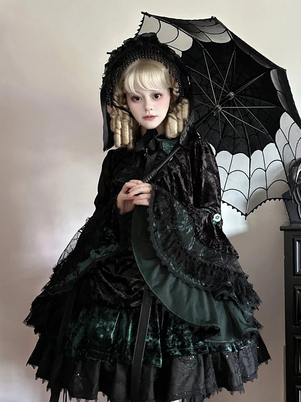 Dark Crow Poem Gothic Lolita Velvet JSK Dress Set - LolitaEra