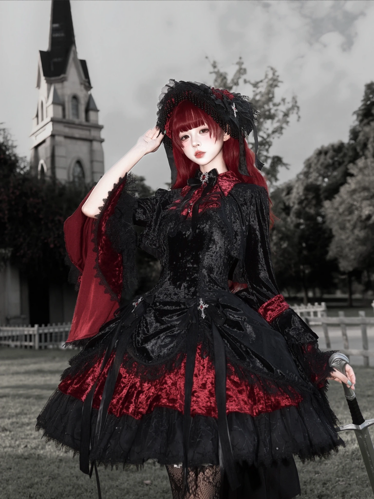 Dark Crow Poem Gothic Lolita Velvet JSK Dress Set - LolitaEra