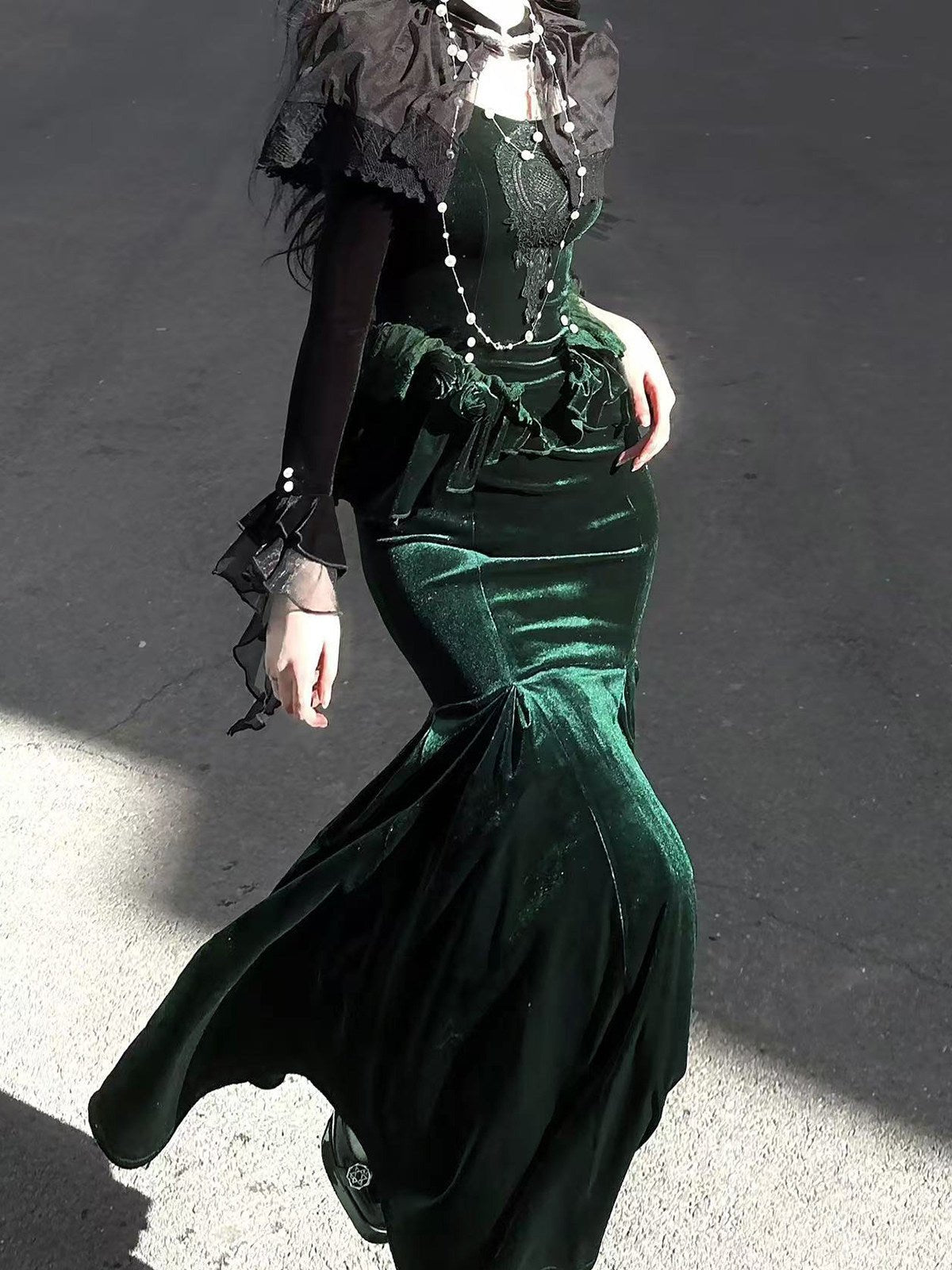 Dark Forest Green Fishtail Elegant Mature Gown Dress - LolitaEraSetSDark Forest Green Fishtail Elegant Mature Gown Dress