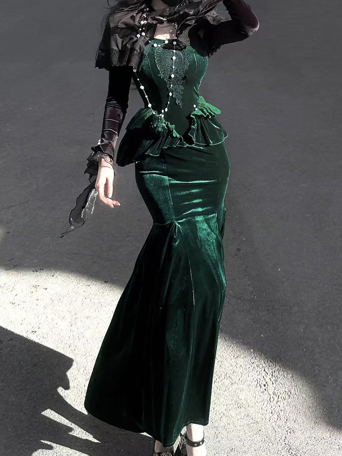 Dark Forest Green Fishtail Elegant Mature Gown Dress - LolitaEraSetSDark Forest Green Fishtail Elegant Mature Gown Dress