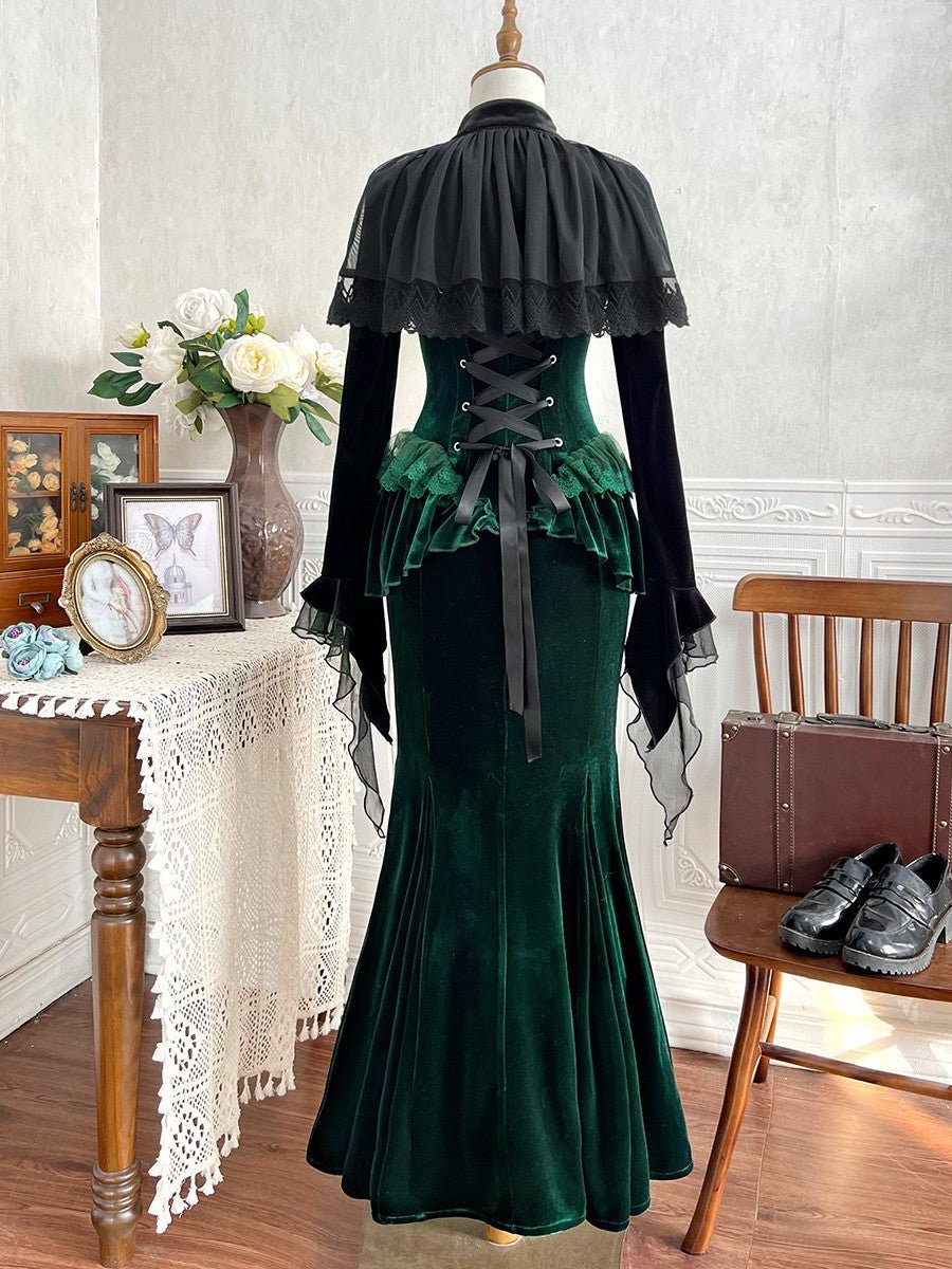 Dark Forest Green Fishtail Elegant Mature Gown Dress - LolitaEraSetSDark Forest Green Fishtail Elegant Mature Gown Dress