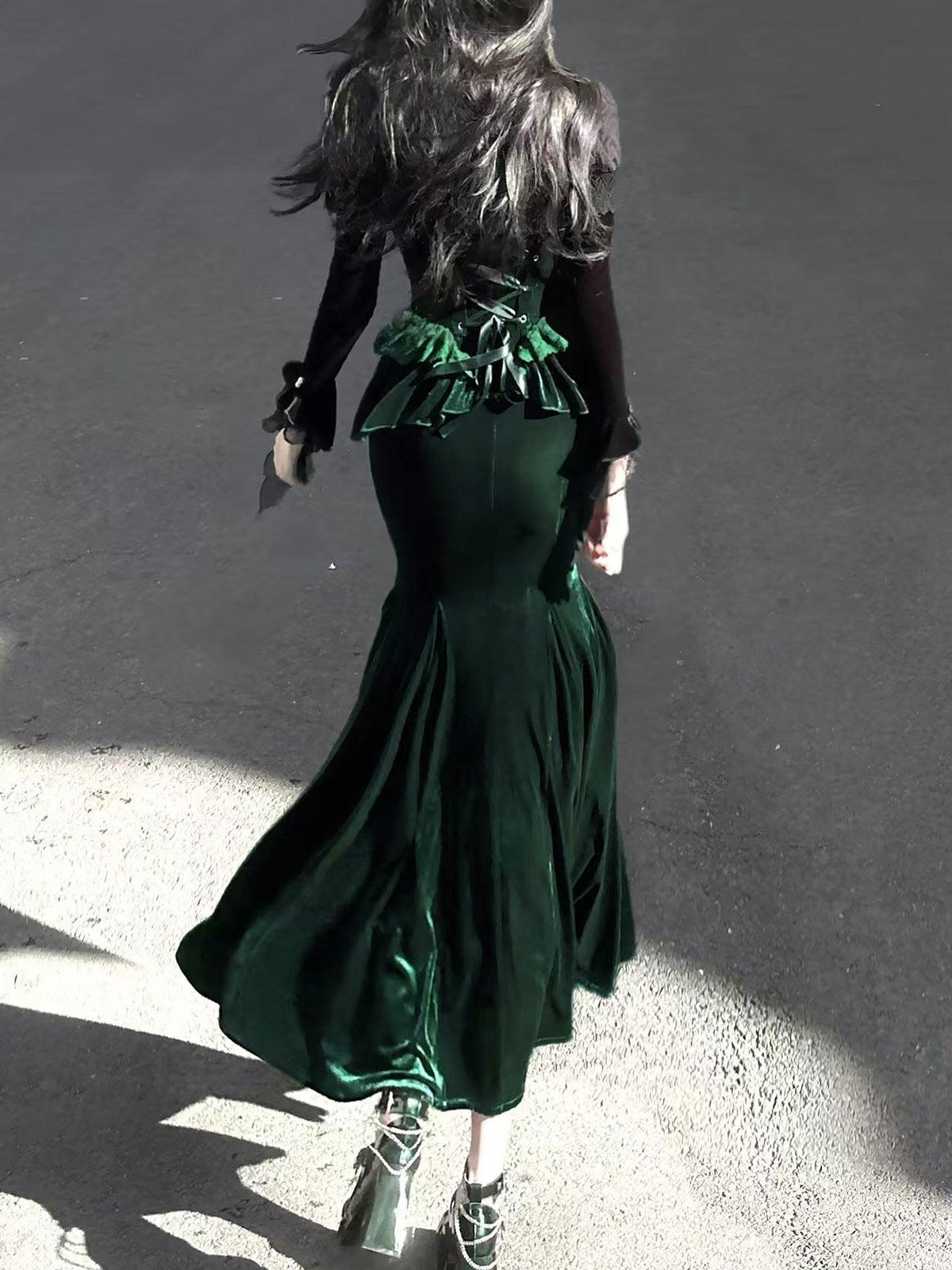 Dark Forest Green Fishtail Elegant Mature Gown Dress - LolitaEraSetSDark Forest Green Fishtail Elegant Mature Gown Dress