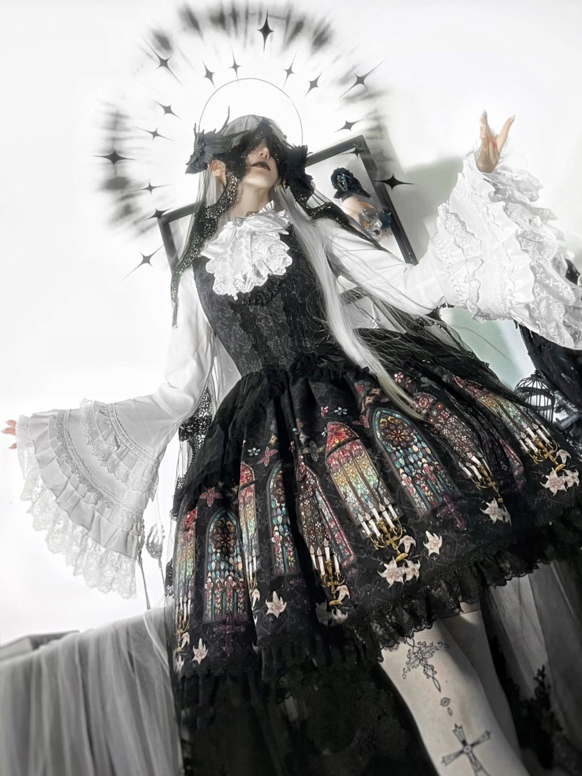 Dark Gothic Cathedral Stained Glass Print Lolita JSK & Blouse Set - LolitaEra