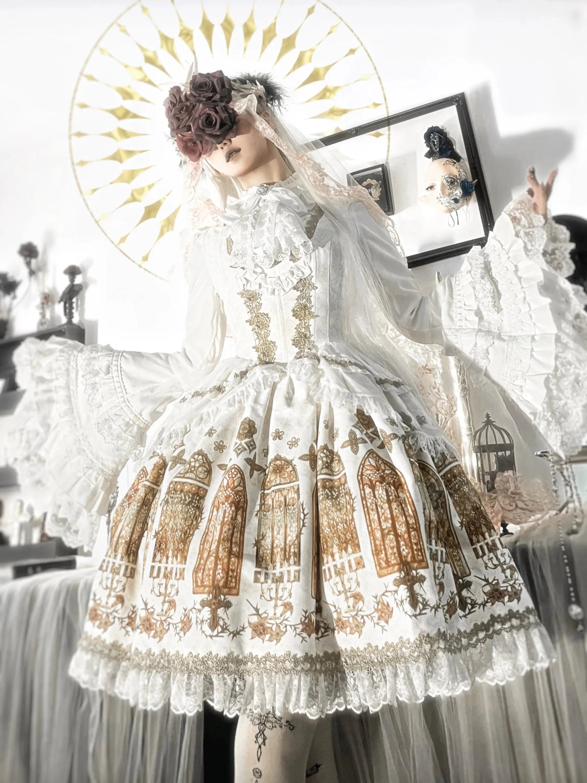 Dark Gothic Cathedral Stained Glass Print Lolita JSK & Blouse Set - LolitaEra