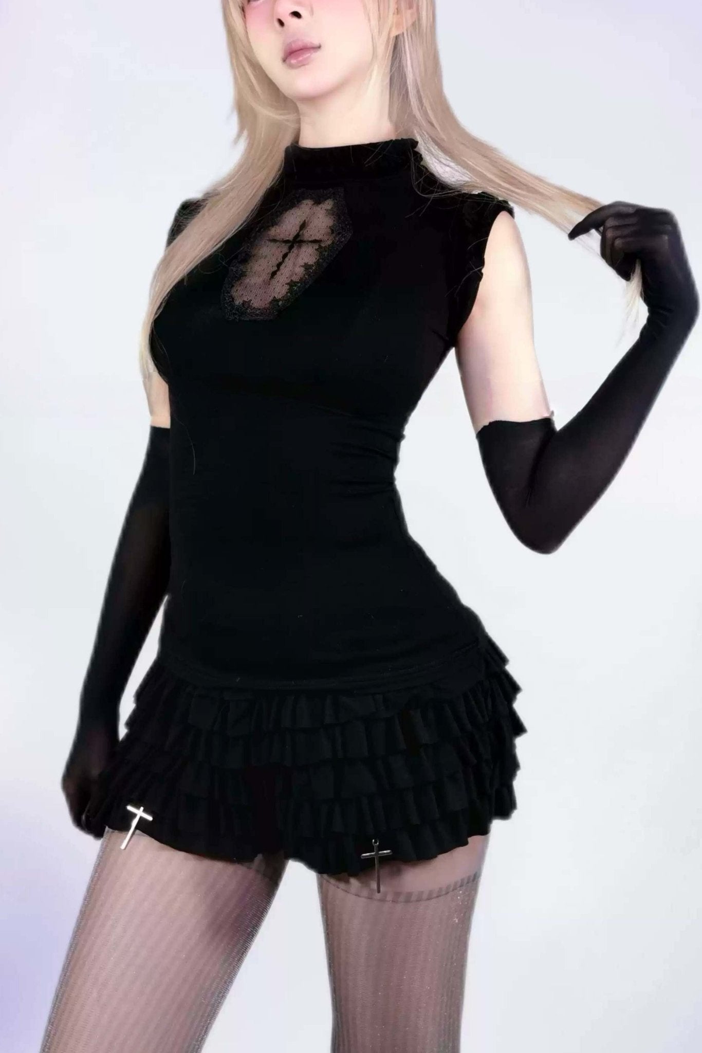 Dark Gothic Cross Top & Tiered Skirt Set - LolitaEraSleevesDark Gothic Cross Top & Tiered Skirt Set