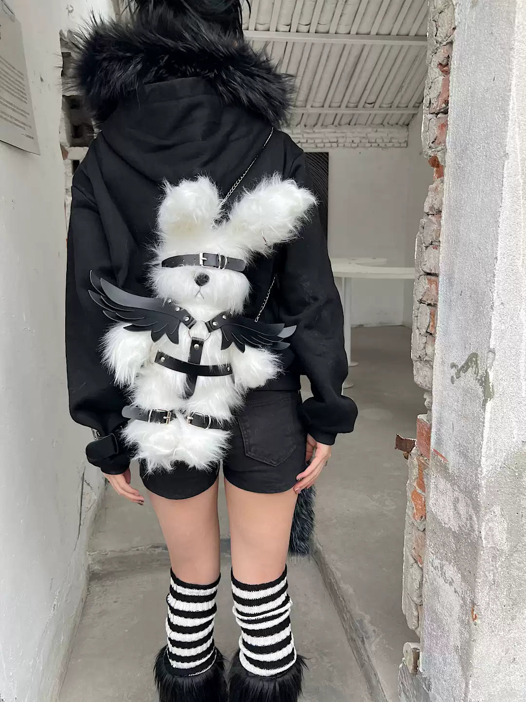 Dark Subculture Punk Bear Plush Backpack with Wings and Ears