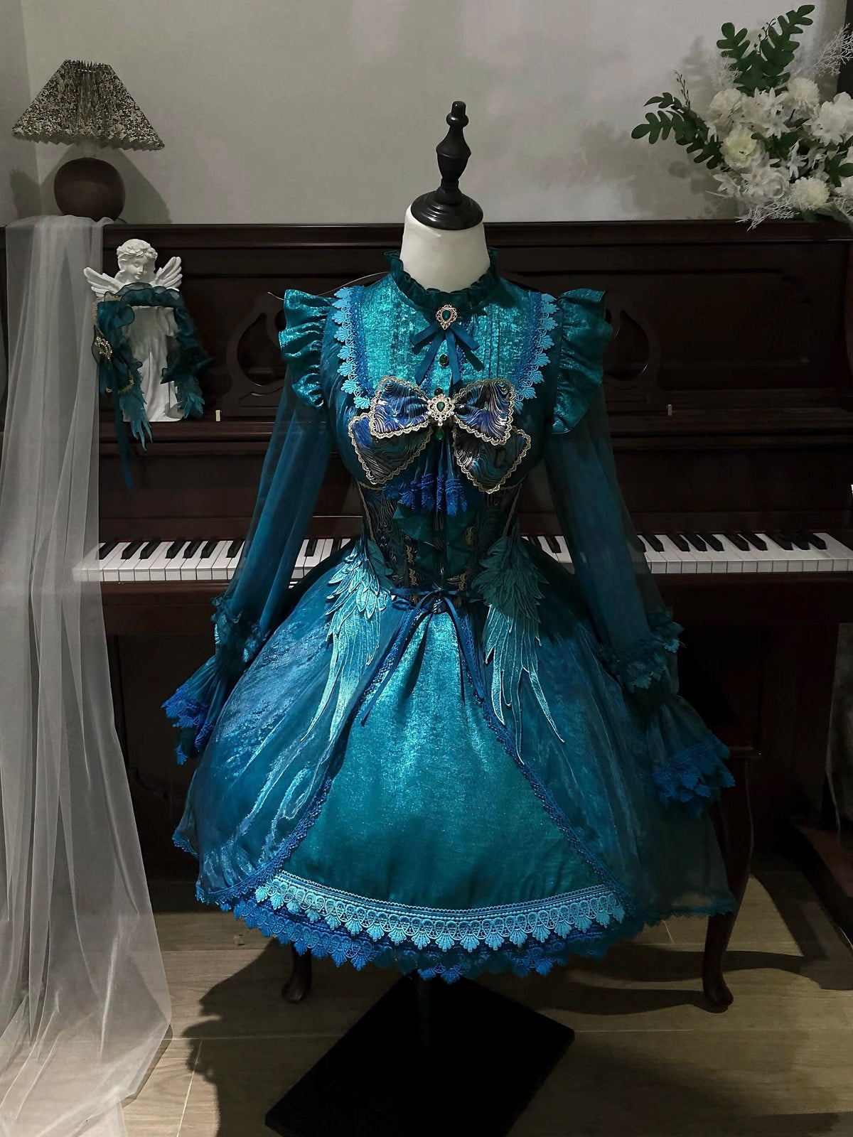 Peacock Feather Lolita Peacock Blue Long Sleeve OP Dress