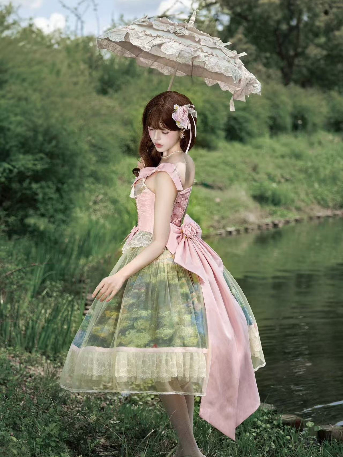 Ensemble Robe et Corset Lolita Classique "Le Jardin de Monet" (Peinture à l'Huile)