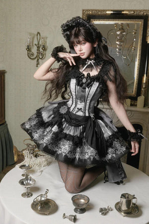 Deer Comes With Dreams Silver Black Lace Lolita JSK - LolitaEraBlack SetXSDeer Comes With Dreams Silver Black Lace Lolita JSK