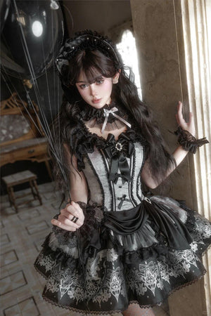 Deer Comes With Dreams Silver Black Lace Lolita JSK - LolitaEraBlack SetXSDeer Comes With Dreams Silver Black Lace Lolita JSK
