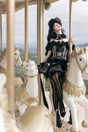 Deer Comes With Dreams Silver Black Lace Lolita JSK - LolitaEraBlack SetXSDeer Comes With Dreams Silver Black Lace Lolita JSK