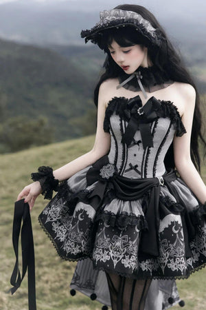 Deer Comes With Dreams Silver Black Lace Lolita JSK - LolitaEraBlack SetXSDeer Comes With Dreams Silver Black Lace Lolita JSK