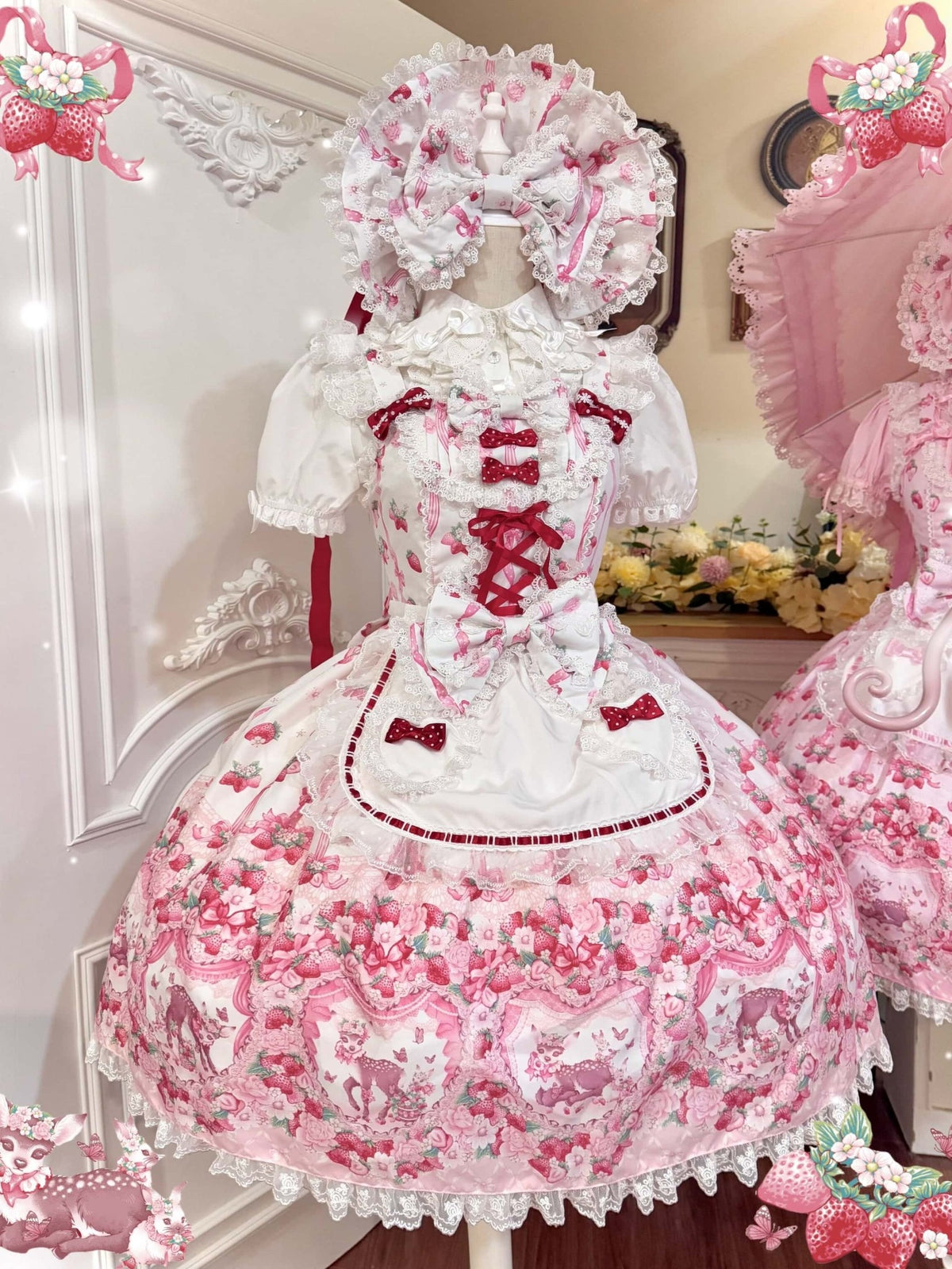 Deer Strawberry Garden Old-School Strawberry Print Lolita JSK - LolitaEra
