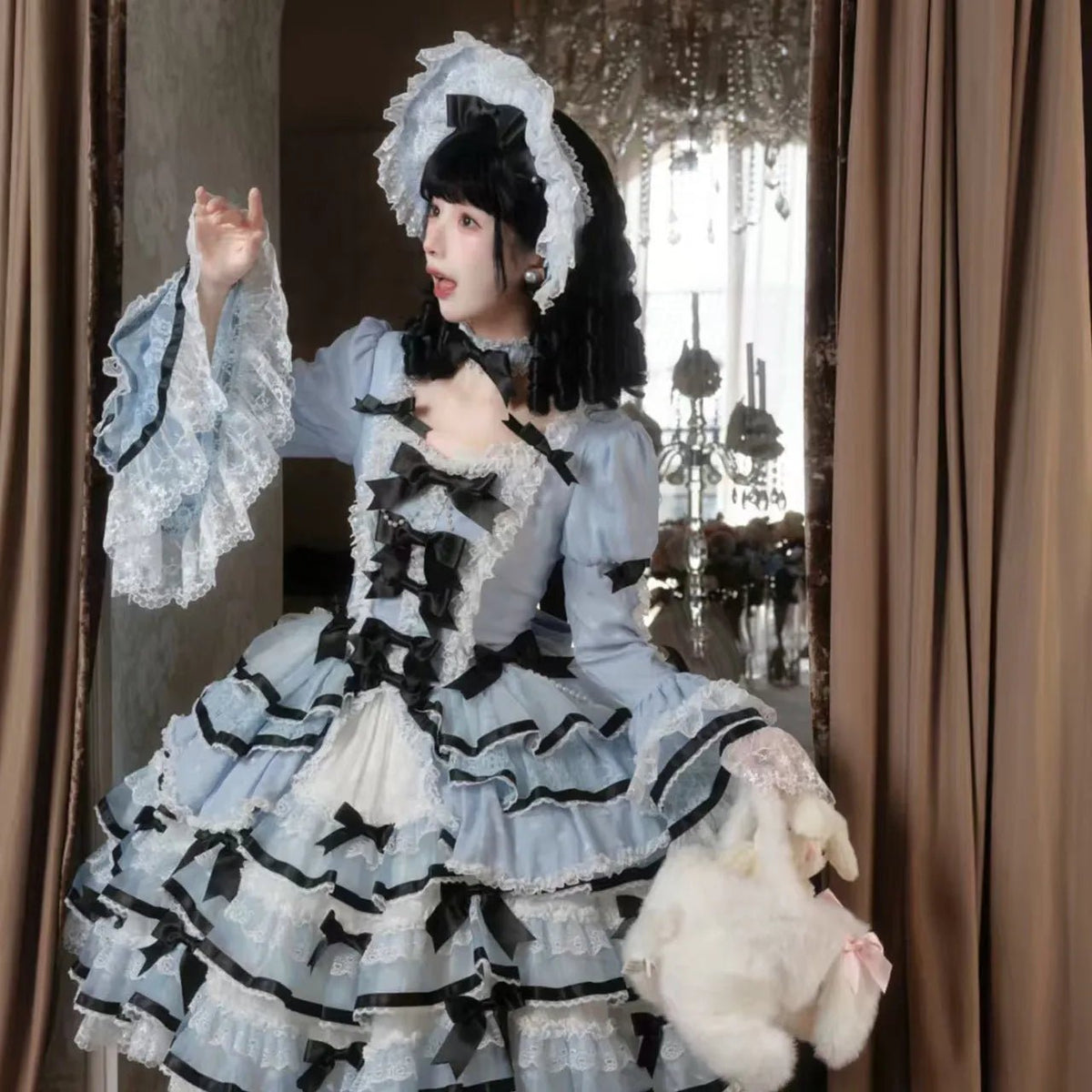 Deluxe Cake Alice Blue Black Tiered Ruffle Classic Lolita OP Set - LolitaEra