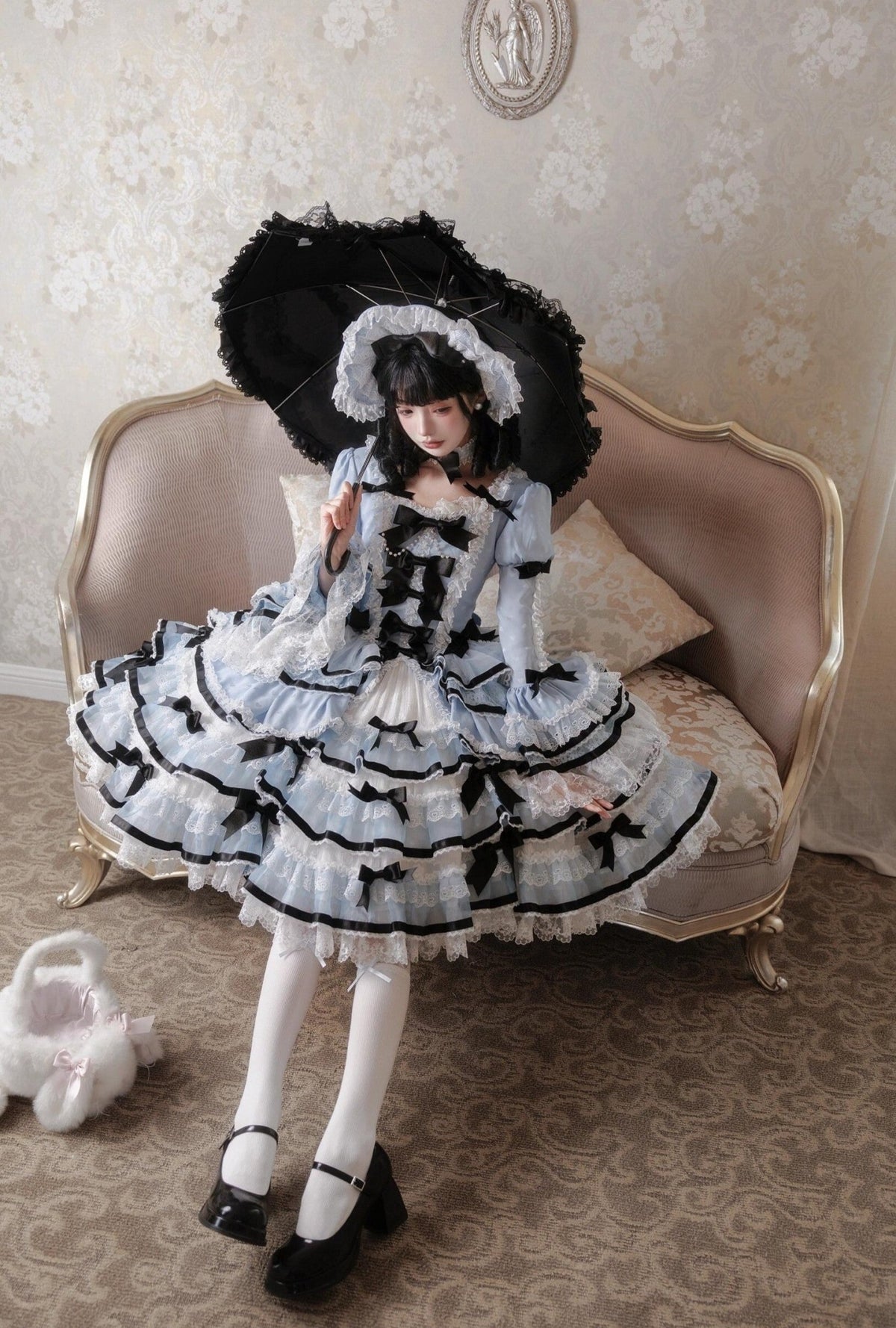 Deluxe Cake Alice Blue Black Tiered Ruffle Classic Lolita OP Set - LolitaEra