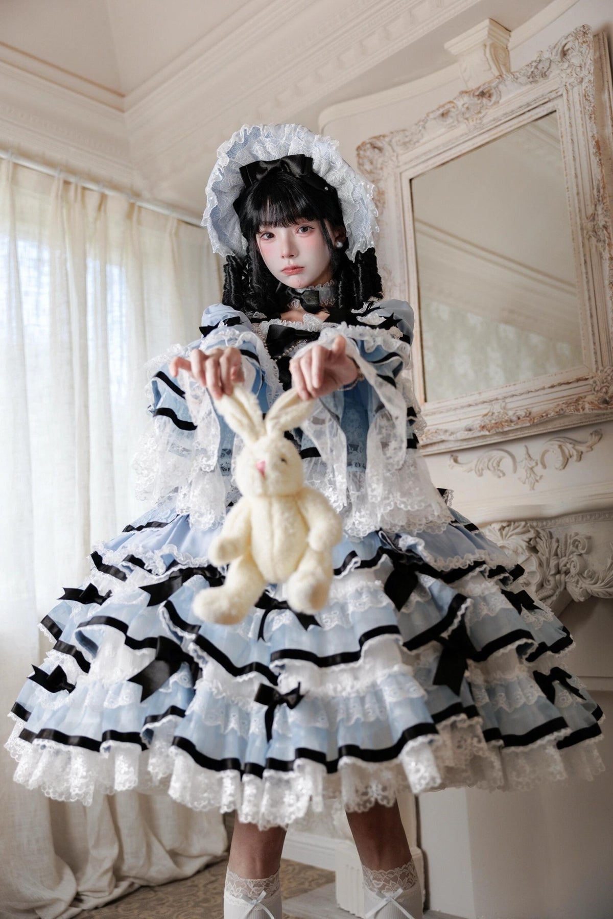 Deluxe Cake Alice Blue Black Tiered Ruffle Classic Lolita OP Set - LolitaEra