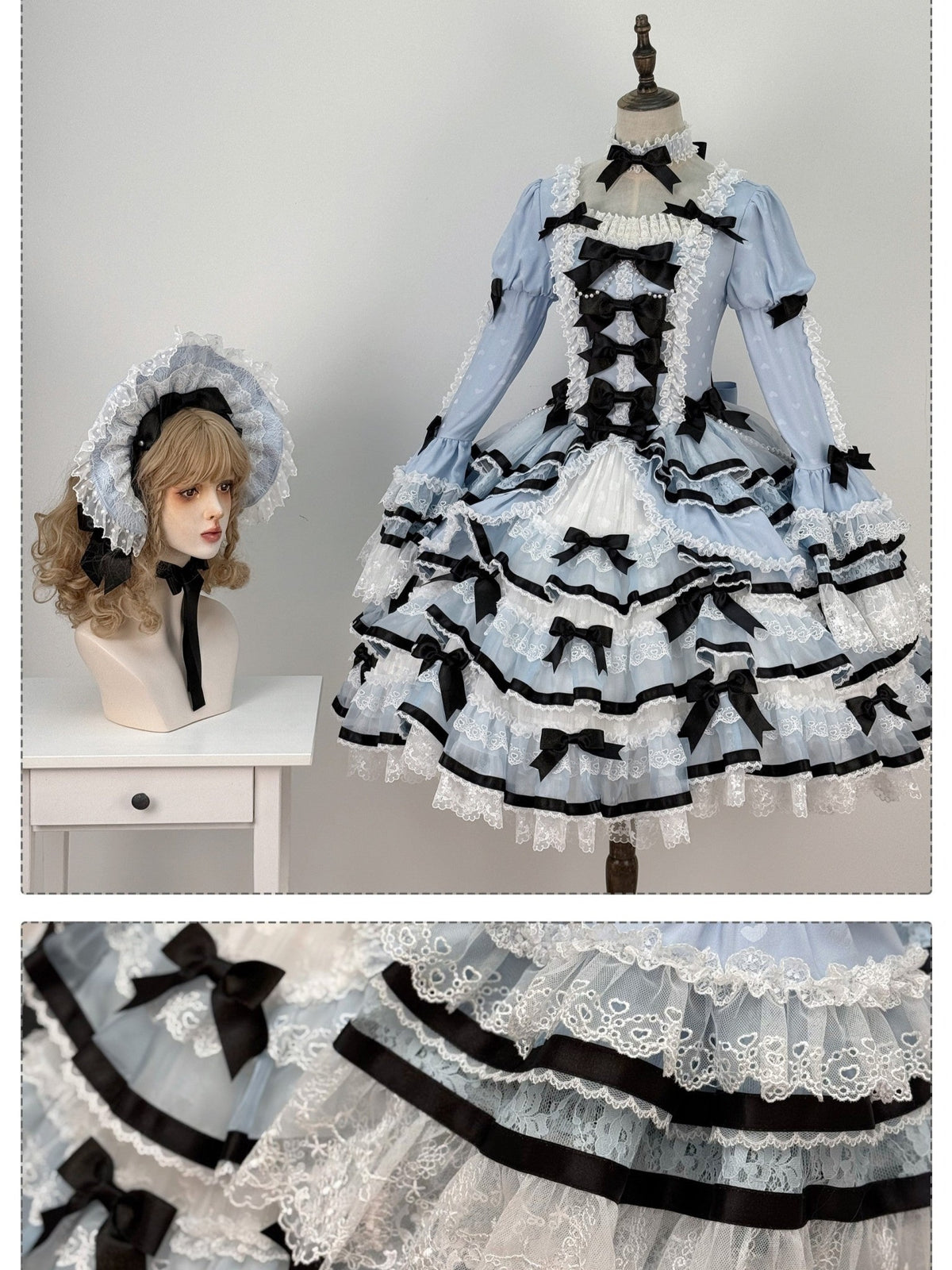 Deluxe Cake Alice Blue Black Tiered Ruffle Classic Lolita OP Set - LolitaEra