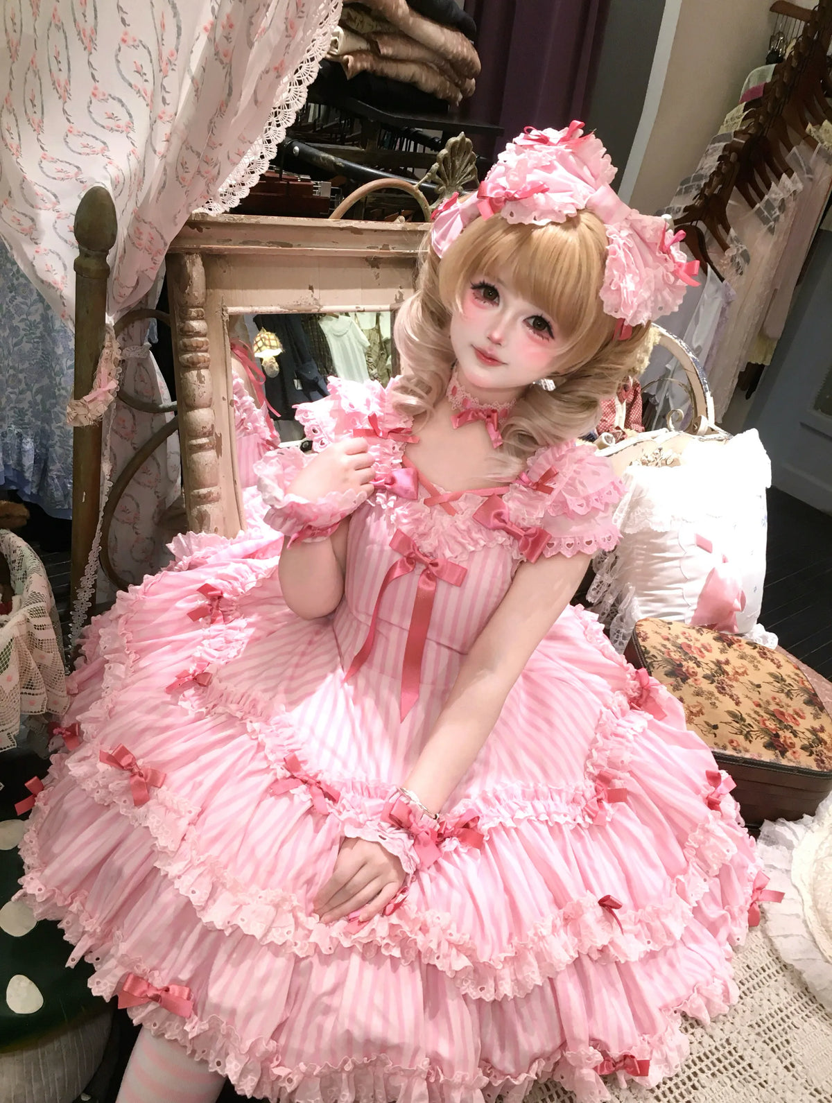 (Deposit) Eternal Maiden Heart Printed Striped Six-Panel JSK OP Lolita High-Waist Dress