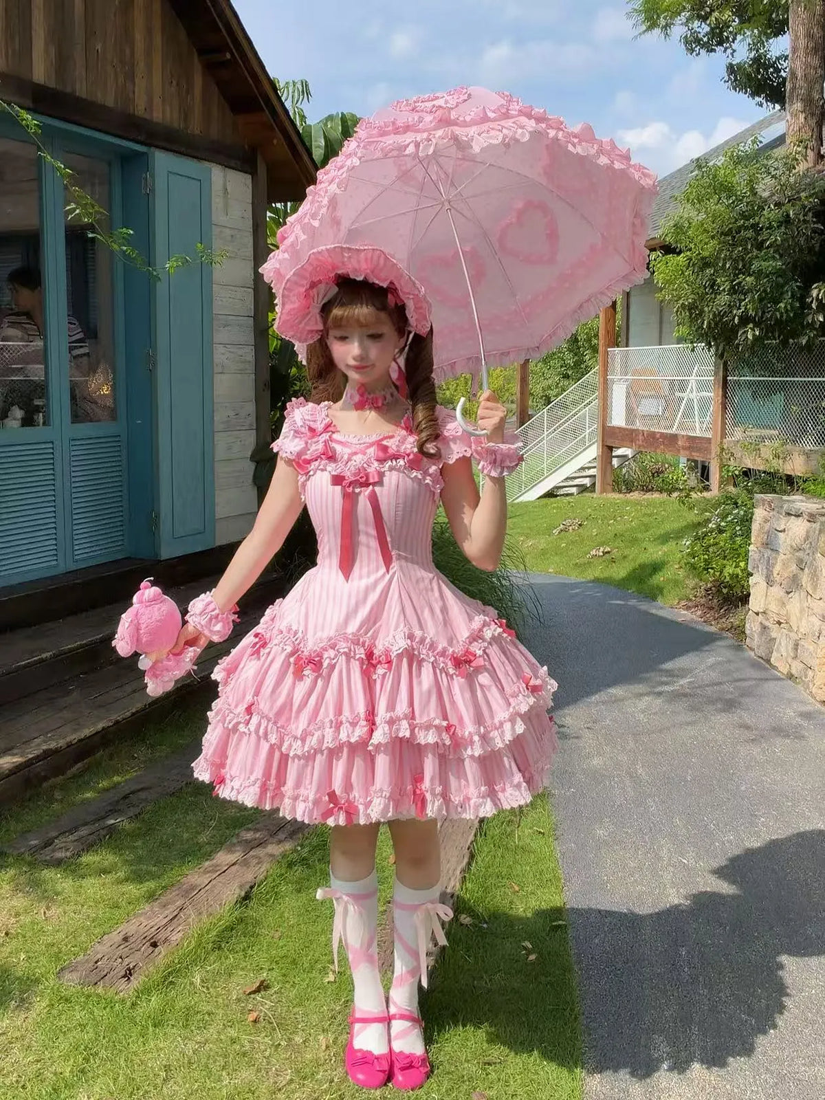 (Deposit) Eternal Maiden Heart Printed Striped Six-Panel JSK OP Lolita High-Waist Dress