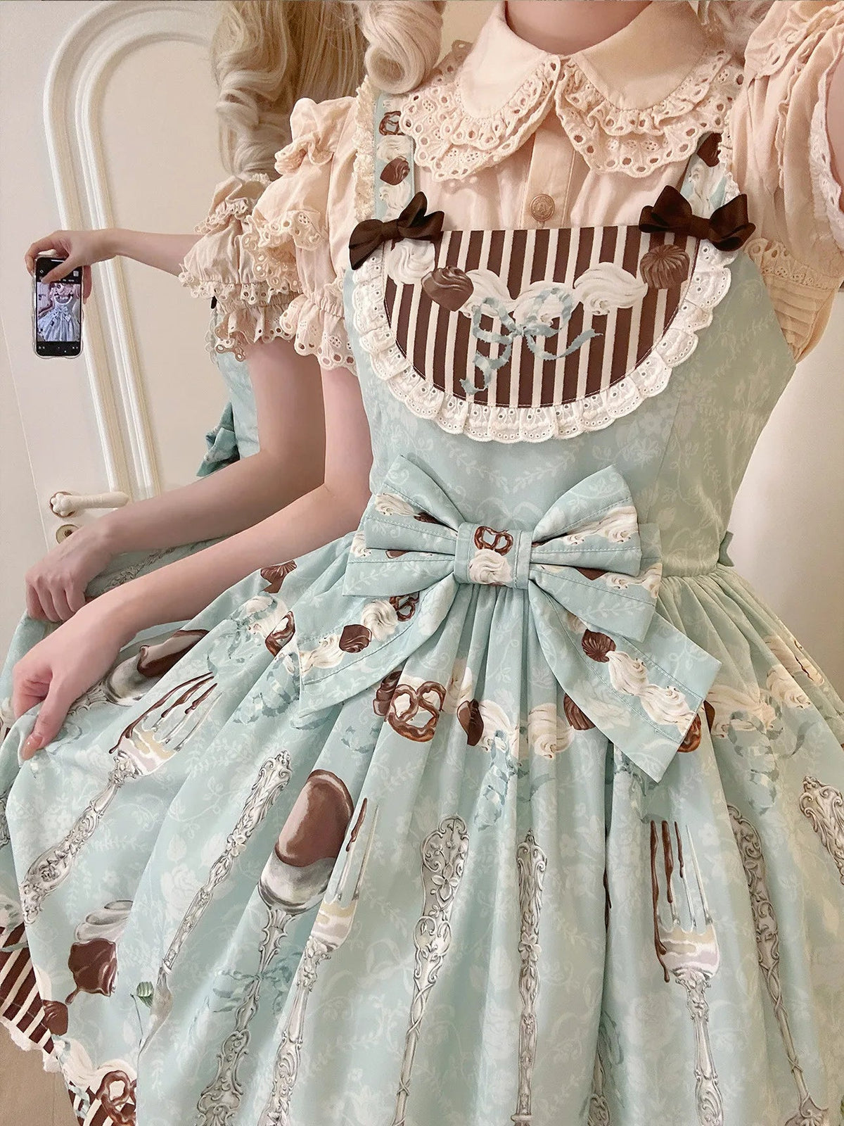 Dessert Sky Blue Chocolate Print Off-center Waist Sweet Lolita JSK - LolitaEra