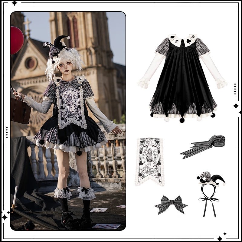 Doll Mask Clown OP - Loose Oversized Lolita Dress - LolitaEraFive - piece black setSDoll Mask Clown OP - Loose Oversized Lolita Dress