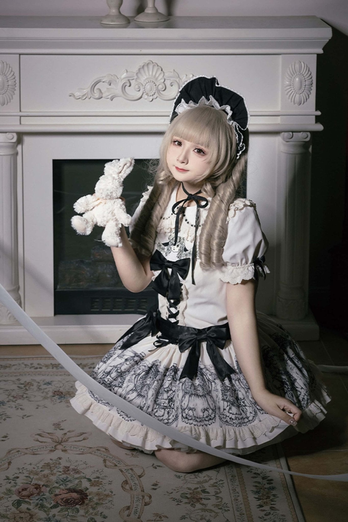 Doll Night Navy Black Doll Print Embroidery Gothic Maid Lolita OP Dress - LolitaEra