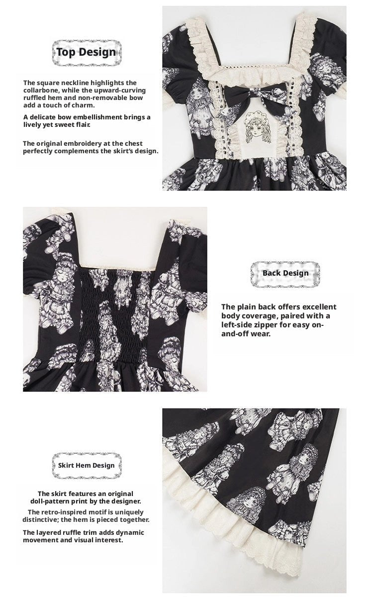 Doll Night Navy Black Doll Print Embroidery Gothic Maid Lolita OP Dress - LolitaEra