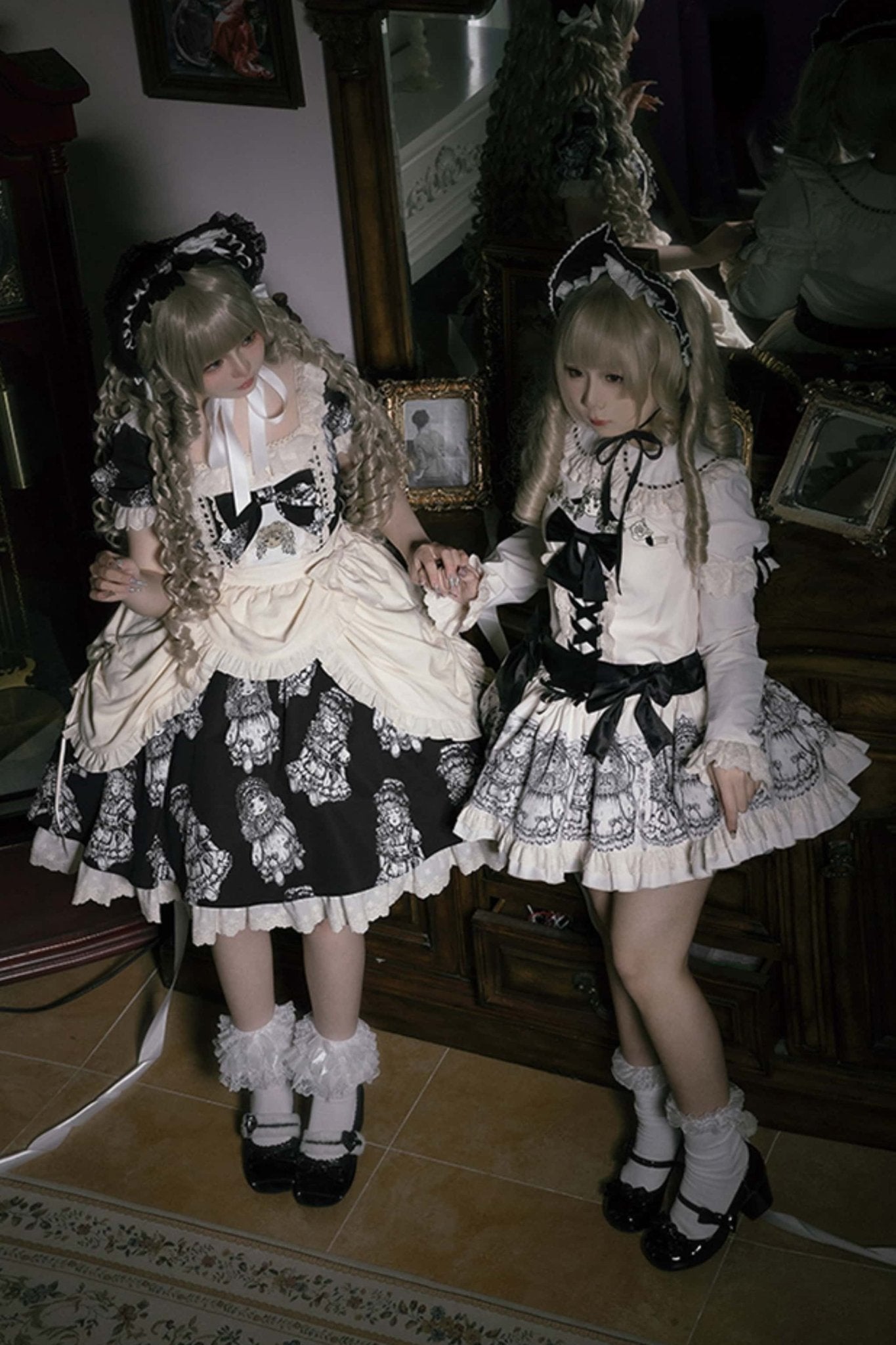 Doll Night Navy Black Doll Print Embroidery Gothic Maid Lolita OP Dress - LolitaEra
