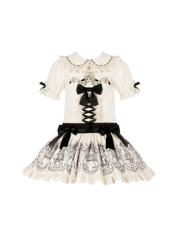 Doll Night Navy Black Doll Print Embroidery Gothic Maid Lolita OP Dress - LolitaEra