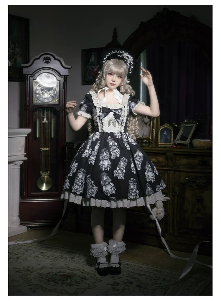 Doll Night Navy Black Doll Print Embroidery Gothic Maid Lolita OP Dress - LolitaEra