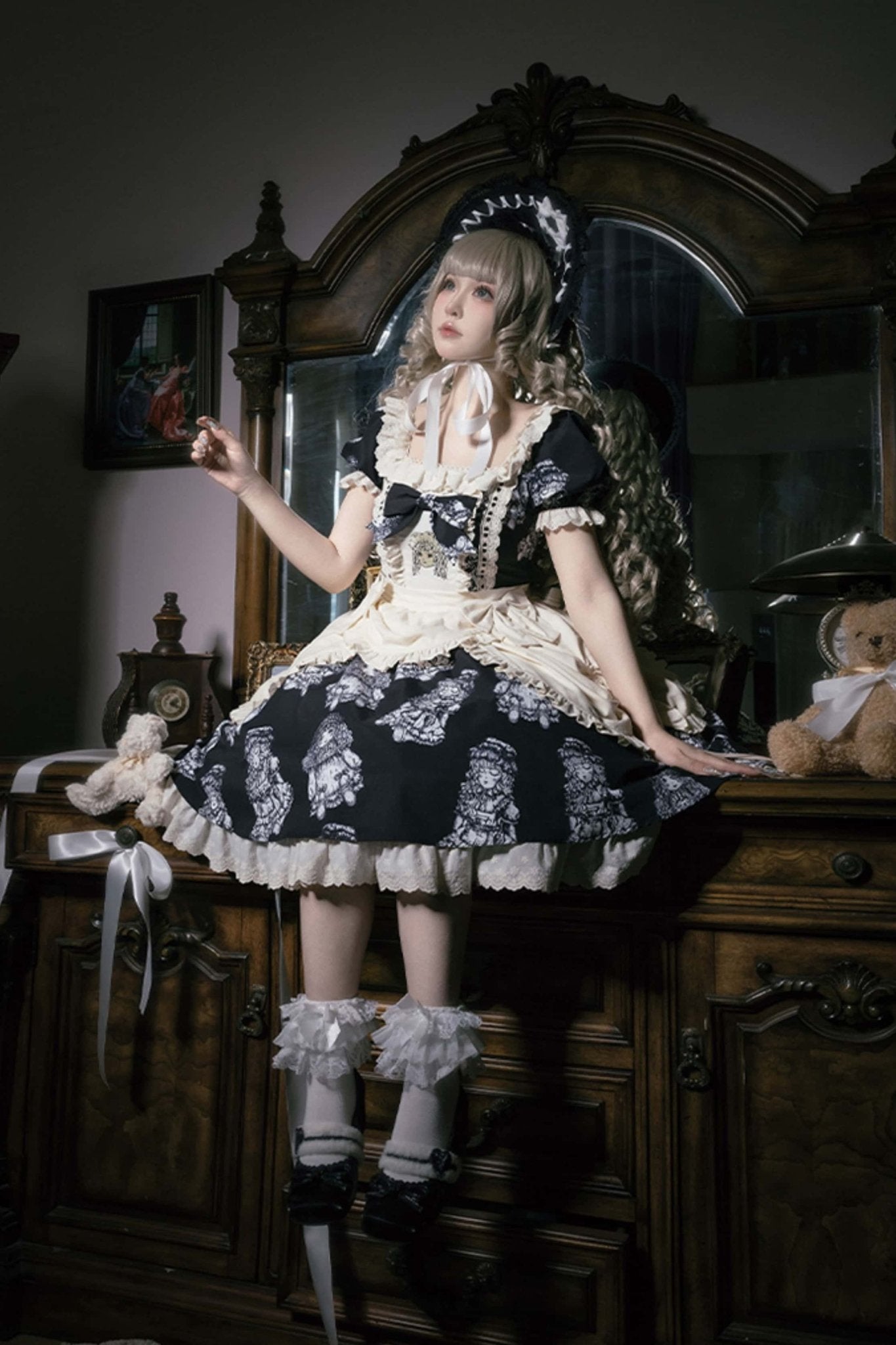 Doll Night Navy Black Doll Print Embroidery Gothic Maid Lolita OP Dress - LolitaEra