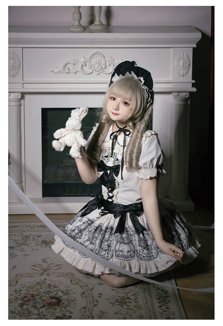 Doll Night Navy Black Doll Print Embroidery Gothic Maid Lolita OP Dress - LolitaEra