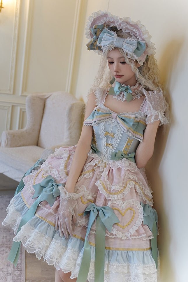 Dream Love Song Gorgeous Cake Tiered Pink & Green JSK Dress - LolitaEraJSK+NecklaceSDream Love Song Gorgeous Cake Tiered Pink & Green JSK Dress