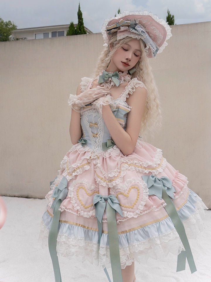 Dream Love Song Gorgeous Cake Tiered Pink & Green JSK Dress - LolitaEraJSK+NecklaceSDream Love Song Gorgeous Cake Tiered Pink & Green JSK Dress