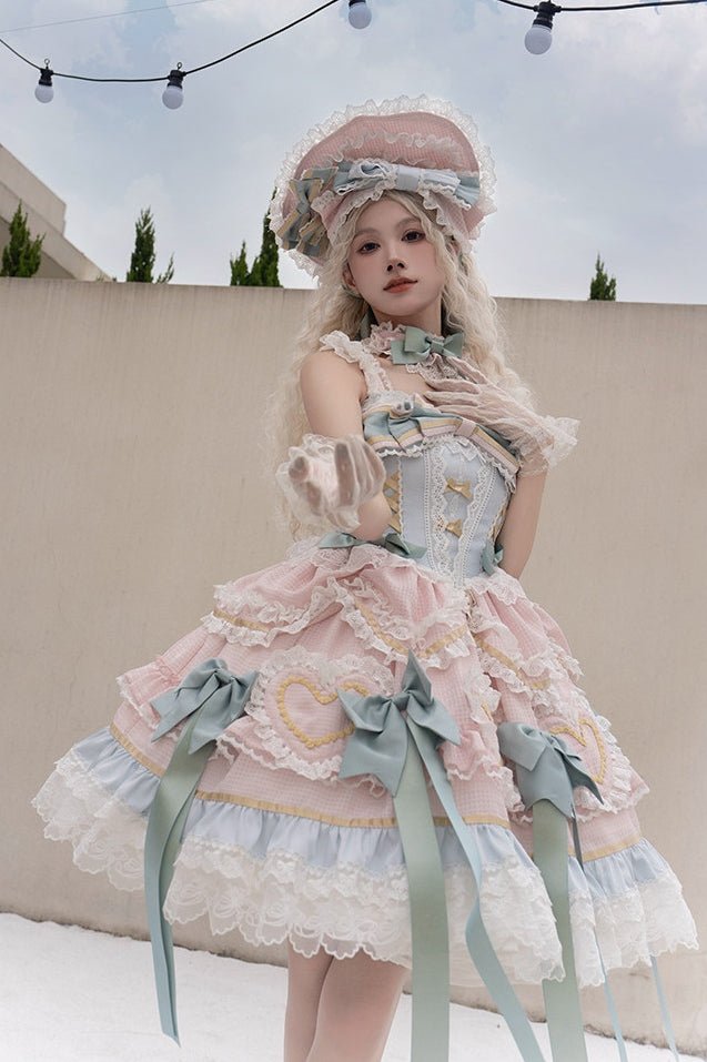 Dream Love Song Gorgeous Cake Tiered Pink & Green JSK Dress - LolitaEraJSK+NecklaceSDream Love Song Gorgeous Cake Tiered Pink & Green JSK Dress