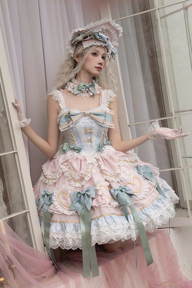 Dream Love Song Gorgeous Cake Tiered Pink & Green JSK Dress - LolitaEraJSK+NecklaceSDream Love Song Gorgeous Cake Tiered Pink & Green JSK Dress