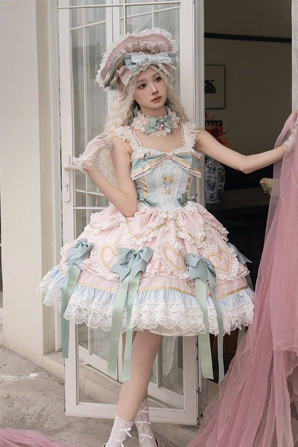 Dream Love Song Gorgeous Cake Tiered Pink & Green JSK Dress - LolitaEraJSK+NecklaceSDream Love Song Gorgeous Cake Tiered Pink & Green JSK Dress