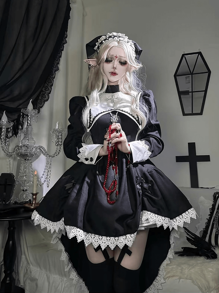 Dreambound Nun Halloween Dark Gothic Lolita Maid Dress - LolitaEraBlack Set (Dress + Headscarf & Headband) + Petticoat + White Thigh - high SocksSBlackDreambound Nun Halloween Dark Gothic Lolita Maid Dress