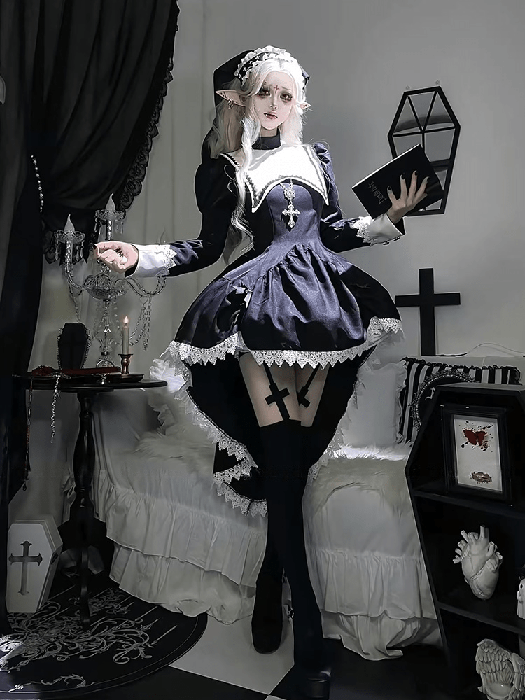 Dreambound Nun Halloween Dark Gothic Lolita Maid Dress - LolitaEraBlack Set (Dress + Headscarf & Headband) + Petticoat + White Thigh - high SocksSBlackDreambound Nun Halloween Dark Gothic Lolita Maid Dress
